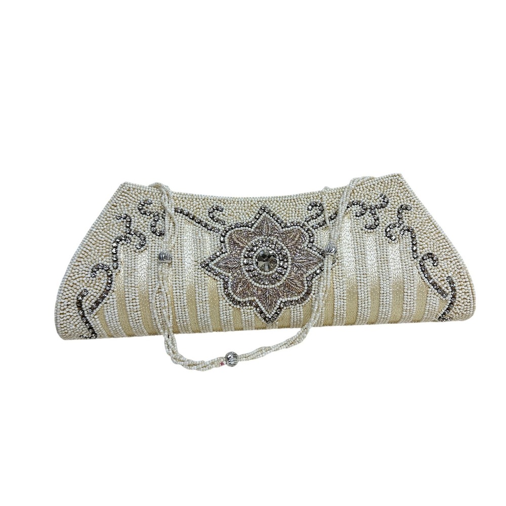 Vtg Beaded Clutch Evening Bag Purse Cream Silver‎ Floral Embellished Formal
